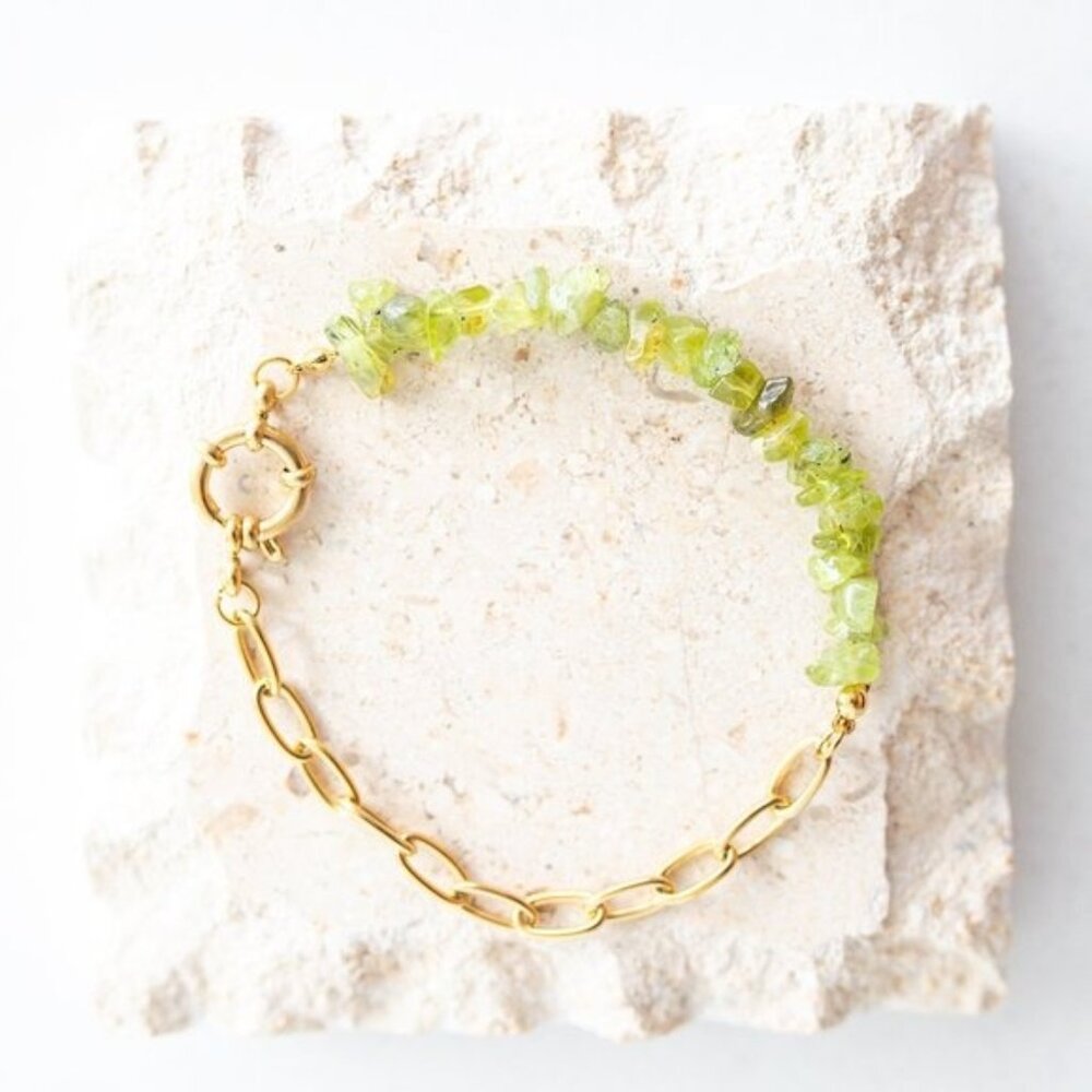Green Peridot Natural Gemstone Bracelet with Gold Chunky Chain Bracelet beaded